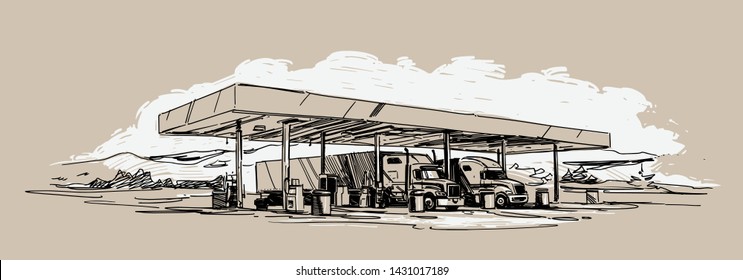 Trucks at the gas station. hand rawn illustration