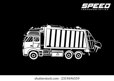 Trucks Hand Drawn. Truck Trailer. black and white illustration.Tipper truck. Vector artistic pen and ink sketch drawing illustration of Truck