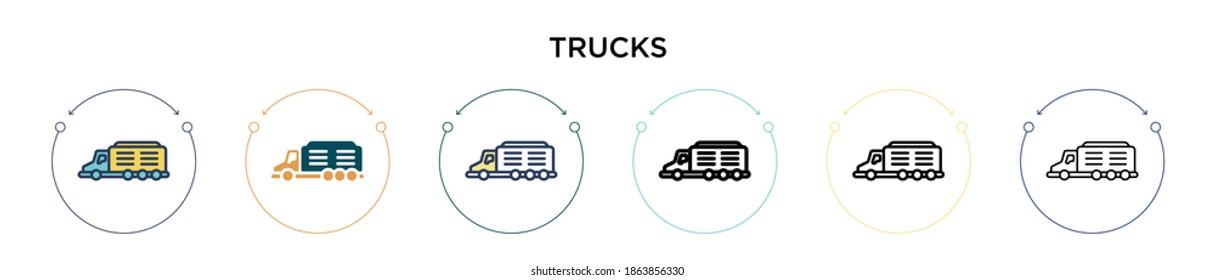 Trucks icon in filled, thin line, outline and stroke style. Vector illustration of two colored and black trucks vector icons designs can be used for mobile, ui, web