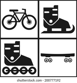 trucks icons for active rest. bicycle, roller-skates, skates. Vector illustrations.