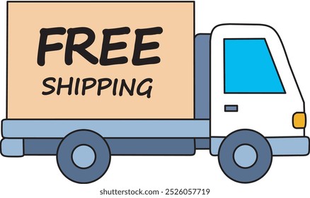 Trucks are loaded with free shipping promotional signs to deliver to customers and there are boxes of packages floating in air around them, flat vector for delivery advertisement design