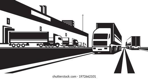 Trucks loading and carrying goods from warehouse - vector illustration