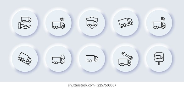 Trucks neomorphic icons set. Neomorphism, delivery, car, product, transport, sign, reliability, descent, rise, repair, business, sales. Cargo transportation concept. Vector neomorphic line icons set