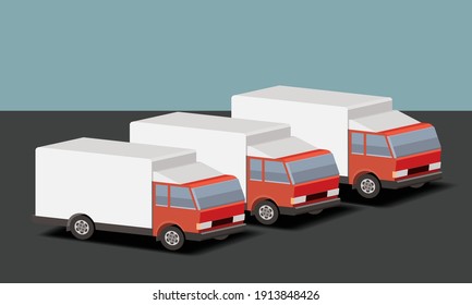 trucks on parking lot, three red trucks, isometric, vector illustration
