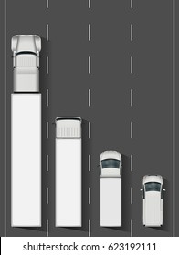 Trucks on the road vector illustration. Highway with cargo vehicles from top view. All layers and groups well organized for easy editing and recolor.