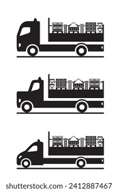 Trucks and pickup with construction materials - vector illustration