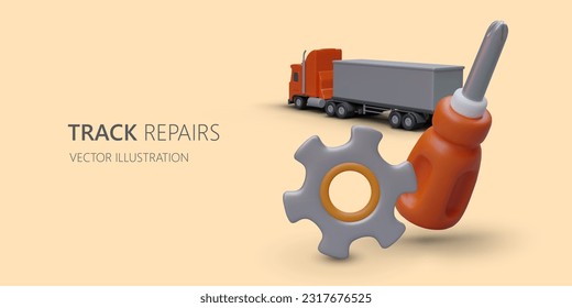 Trucks repair. Assistance to truck drivers. Professional service, qualified workers. Diagnostics, detection of defects. Advertising poster with 3D illustration on bright background