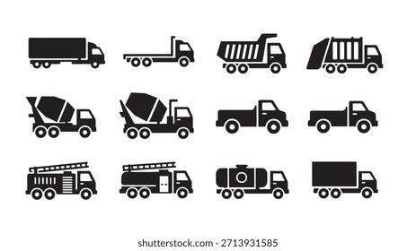 Trucks set features delivery tipper concrete mixer pickup fire engine tanker service. Different types of transport vehicle. Vector.