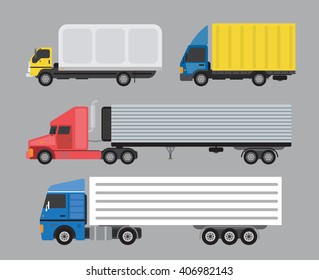 Trucks set. Side view. Cargo transportation. Flat style icons and illustrations.