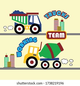 trucks team working, vector cartoon illustration