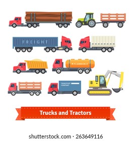 Trucks and tractors set. Flat style vector icons.