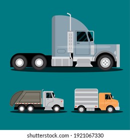 trucks trailer, garbage and delivery service transport, side view vehicles vector illustration