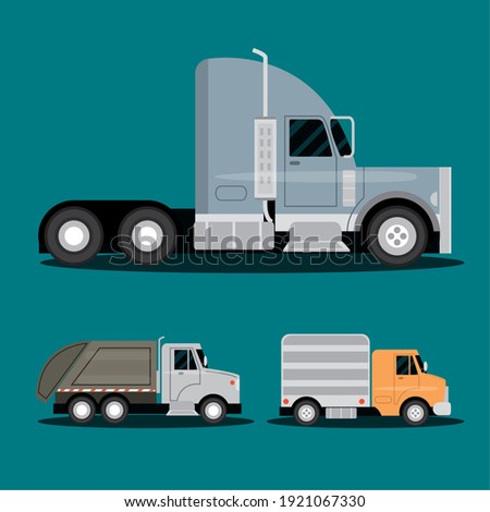 trucks trailer, garbage and delivery service transport, side view vehicles vector illustration