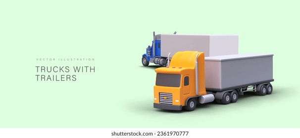 Trucks with trailers. Horizontal banner with 3D illustration and text. Advertisement of cargo transportation services. Unbranded body, mockup. Place for logo. Vector concept