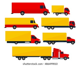 Trucks and trailers isolated white background. Trucks and semi-trucks. Vector illustration, flat design