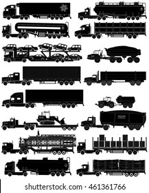 Trucks with trailers silhouettes set. Semi-trailers trucks. Isolated on white. Flat style icons