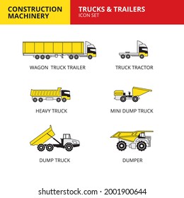 camiones y remolques maquinaria de construcción de vehículos conjunto de iconos de transporte