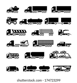 Trucks, trailers and vehicles icons set isolated on white. Vector illustration