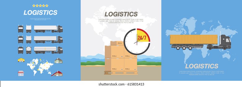 Trucks for the transport of goods and boxes on a pallet. Set flat vector illustrations on the theme of logistics and transport.