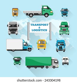 Trucks transport and logistics delivery icons flat with world map vector illustration