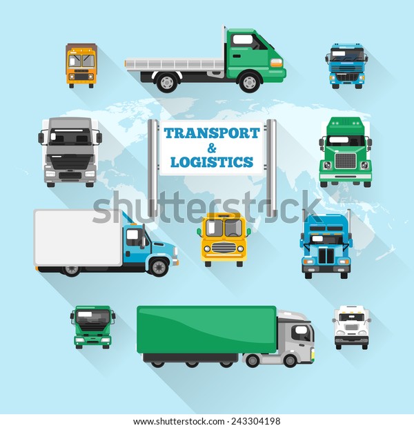 Trucks transport and logistics delivery\
icons flat with world map vector\
illustration