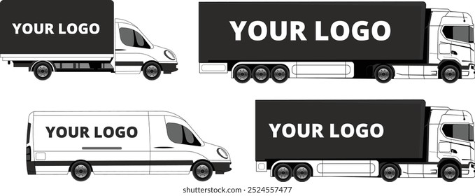 trucks transport set minibus bus logo banner billboard line art flat