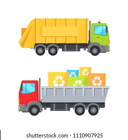 Trucks transporting waste set of lorries loaded container having recycling sign, transport collection vector illustration isolated on white background svg