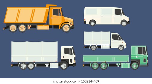 Trucks or vans collection with load transportation vehicles side view