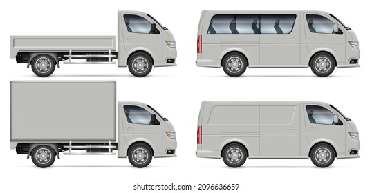 Trucks and vans vector mock-up. Side view of cargo vehicles on white for vehicle branding, advertising, corporate identity. All elements in the groups on separate layers for easy editing and recolor.