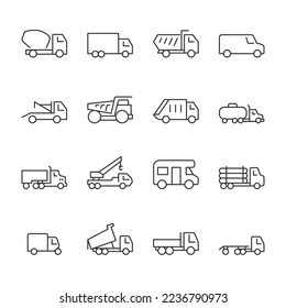 Trucks, vehicles icons set. Industrial transport, truck, van, tractor, dump truck, linear icon collection. Line with editable stroke