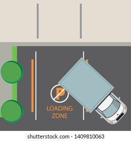 trucks vehicles parked in lot with road signs, parking zone topview. vector illustration graphic design