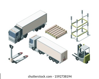 Trucks and warehouse equipment isometric vector illustration set. Cargo transportation vehicles and load tools. Forklift and loading pallete. Logistics concept. Shipment of goods and products