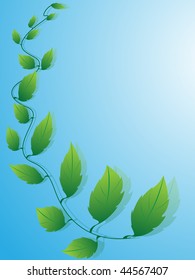 Trudging branch of plant with green leaves on blue background