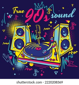 True 90s sound - drawn turntable with speakers, colorful funky music design