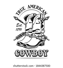 Verdadera ilustración vectorial de vaquero estadounidense. Botas de vaquero y cruzó flechas con texto. Concepto de estilo de vida para cultura, temas occidentales, plantillas de emblemas de club o comunidad