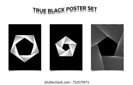 True Black Poster Set With Polygons And Lines.