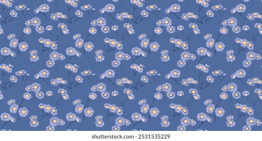 True blue pattern with tiny branches flowers chamomile. Abstract artistic floral seamless print. Vector hand drawing sketch. Design for fashion, fabric, wallpaper, textiles,