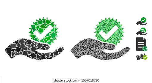 True bonus composition of abrupt pieces in different sizes and color tints, based on true bonus icon. Vector abrupt elements are grouped into collage. True bonus icons collage with dotted pattern.