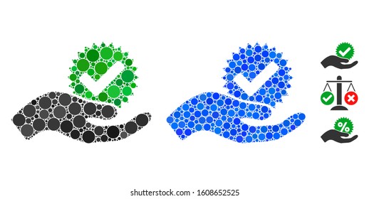 True bonus composition of spheric dots in variable sizes and color tinges, based on true bonus icon. Vector round dots are combined into blue composition.