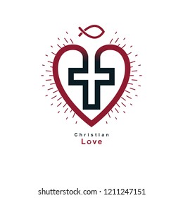 True Christian Love and Belief in God, vector creative symbol design, combined Christian Cross and heart, vector logo or sign.