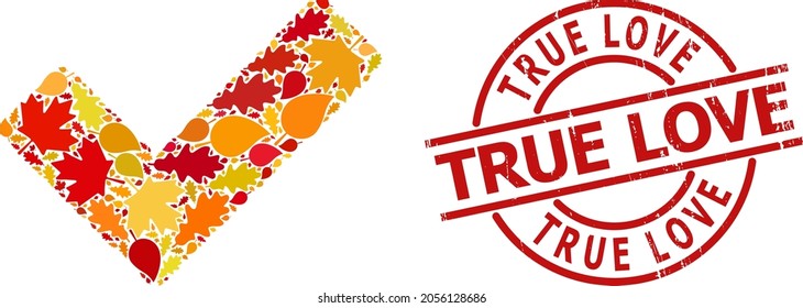 True collage icon combined for fall season, and True Love dirty stamp seal. Vector true mosaic is composed of scattered autumn maple and oak leaves.