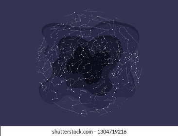 true constellations of the Northern hemisphere. Dark blue sky in cute cartoon style