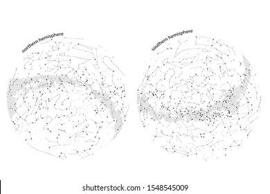 true constellations of the southern hemisphere and Northern hemisphere, star map. Science astronomy, star chart on white background