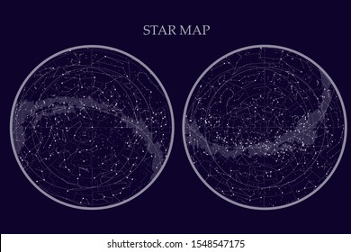 true constellations of the southern hemisphere and Northern hemisphere, star map. Science astronomy, star chart on blue background