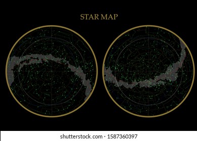 true constellations of the southern hemisphere and Northern hemisphere, star map. Science astronomy, star chart on black background