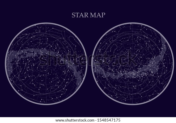 true constellations of the southern hemisphere\
and Northern hemisphere, star map. Science astronomy, star chart on\
blue background
