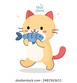 The true crime cat holding a fish illustration vector