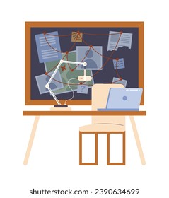 True crime podcast studio recording room 2D cartoon object. Microphone laptop on desk isolated vector item white background. Evidence board podcaster workspace table color flat spot illustration