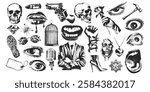 True crime retro elements with photocopy stipple effect for halftone collage art. Vector illustration of detective investigate board mystery elements. Footprint, suspect, evidence, pistole, hand, eyes