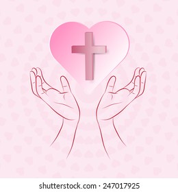 True cross in pink heart floating over human hand on pink background as concept faith, love and protect